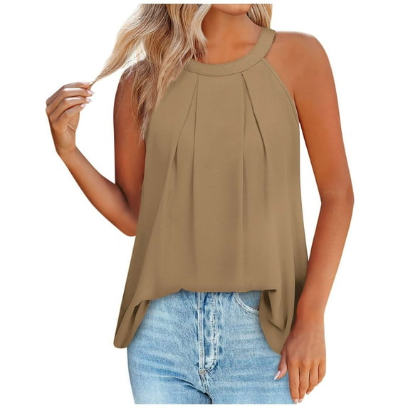 Besolor Women's Summer Tank Tops 2025 Solid Color Crewneck Sleeveless Shirts Pleated Casual Loose Going out Tees