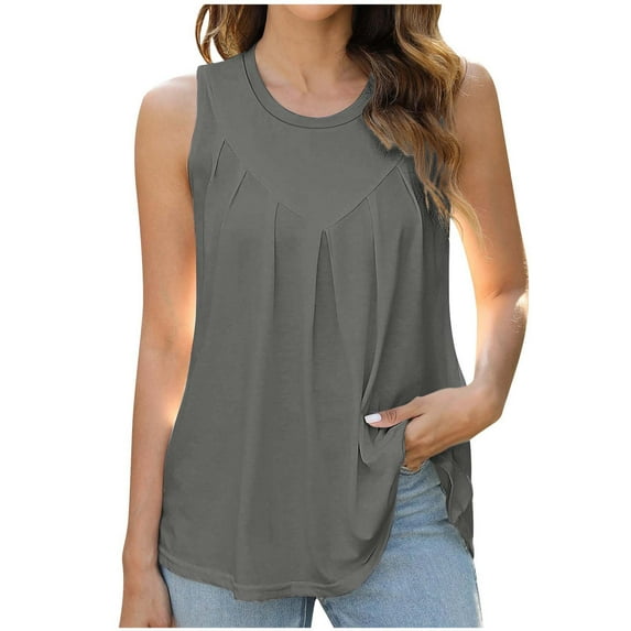 Besolor Women's Summer Tank Tops Casual Pleated Crewneck Sleeveless Shirts Solid Color Loose Flowy Going out Tees