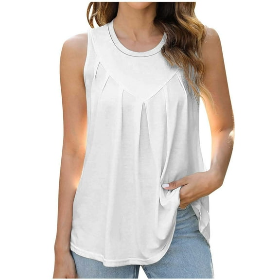 Besolor Women's Summer Tank Tops Casual Pleated Crewneck Sleeveless Shirts Solid Color Loose Flowy Going out Tees