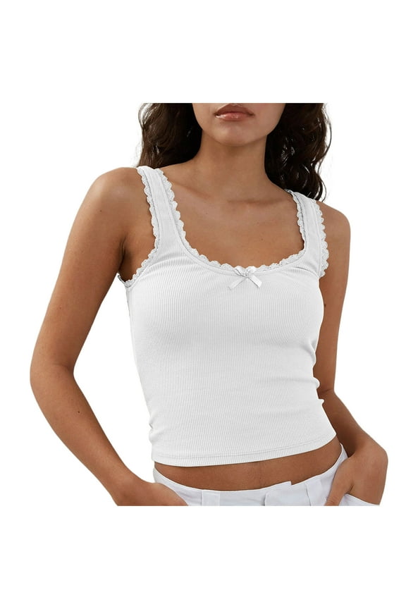 Women's Summer Tank Tops Cute Square Neck Bow Lace Trim Ribbed Knit Crop Tops Slim Fitted Going out Shirts