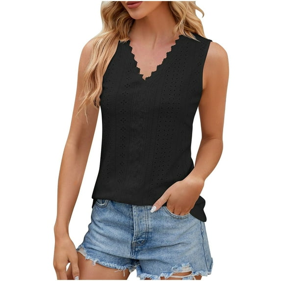 Besolor Women's Summer Tank Tops V Neck Lace Sleeveless Eyelet T-Shirts Casual Solid Color Going out Dressy Blouse