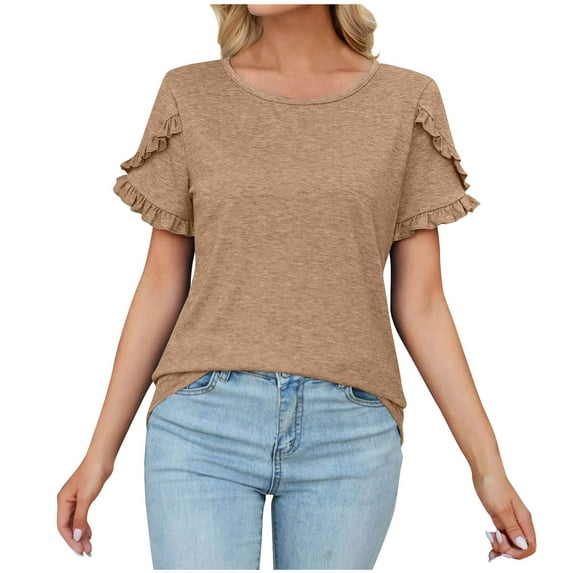 Besolor Women's Summer Tops 2025 Crewneck Ruffle Petal Sleeve Dressy Shirts Casual Solid Color Going out Blouse Tees Ladies Clothes