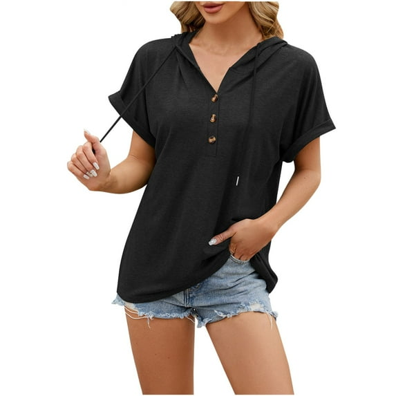 Besolor Women's Summer Tops with Hooded Buttons Short Sleeve T-Shirts Casual Drawstring Solid Color Dressy Blouses Tee