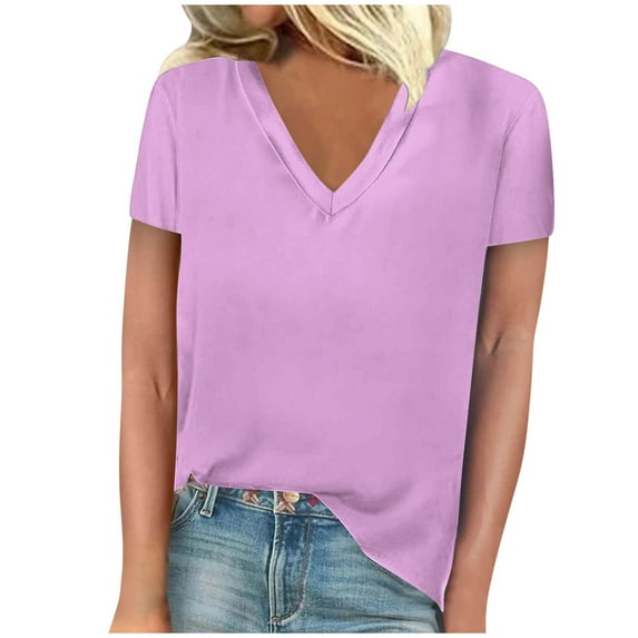 Besolor Women's Summer Tunic Tops Casual V Neck Short Sleeve Basic Shirts Solid Color Going out Blouses Tee