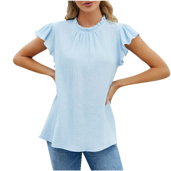 Besolor Women's Summer Tunic Tops Crew Neck Pleated Short Sleeve Tee Shirts Casual Solid Color Going out Blouse Ladies Clothes