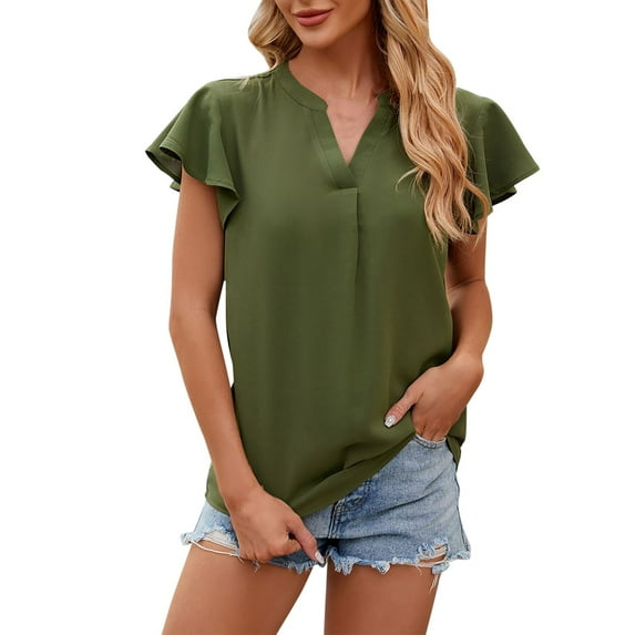 Besolor Women's Summer Tunic Tops Trendy V Neck Ruffle Sleeve T-Shirts Casual Solid Color Going out Dressy Blouses Tee