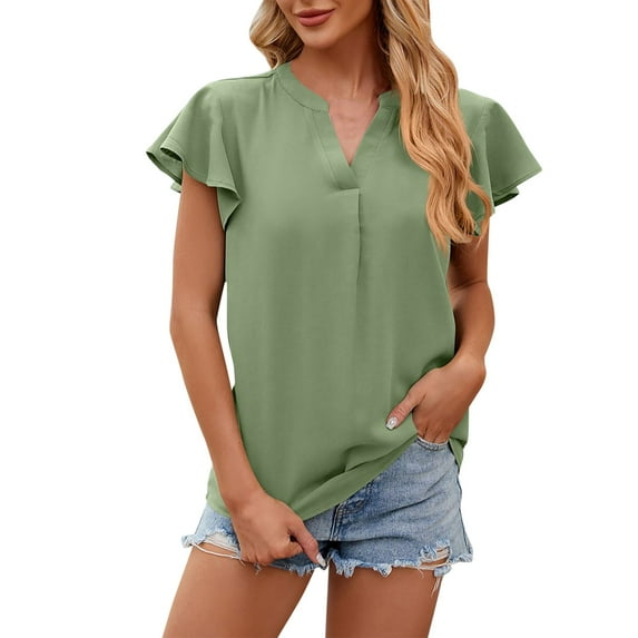 Besolor Women's Summer Tunic Tops Trendy V Neck Ruffle Sleeve T-Shirts Casual Solid Color Going out Dressy Blouses Tee