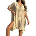 thumbnail image 1 of Besolor Women's Swimsuit Cover up V Neck Crochet Hollow out Ruffle Bathing Suit Coverup Sheer Short Sleeve Beach Dress, 1 of 7