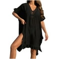 thumbnail image 1 of Besolor Women's Swimsuit Cover up V Neck Crochet Hollow out Ruffle Bathing Suit Coverup Sheer Short Sleeve Beach Dress, 1 of 5