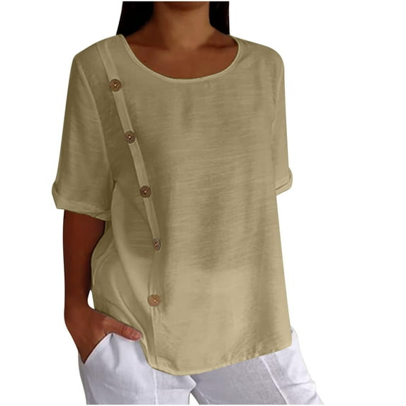 Besolor Women's Trendy Tops and Blouses Half Sleeve Crewneck Cotton Linen Shirts Button Basic Summer Clothes