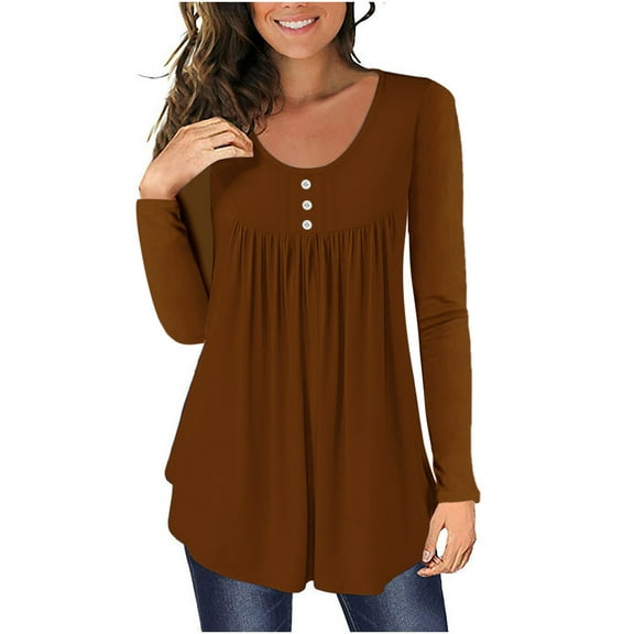 Besolor Women's Tunic Tops Trendy Pleated Button Crew Neck Long Sleeve Shirts Casual Solid Color Blouse Tees