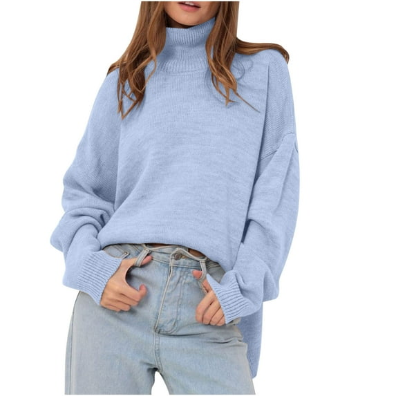 Besolor Women's Turtleneck Sweaters Knit Long Sleeve Casual Loose Solid Color Pullover Fall Tops Knitwear