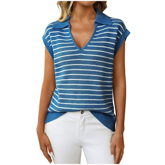 Besolor Women's V Neck Cap Sleeve Sweater Vest Striped Sleeveless Collared Knit Tank Tops Casual Trendy Outfits