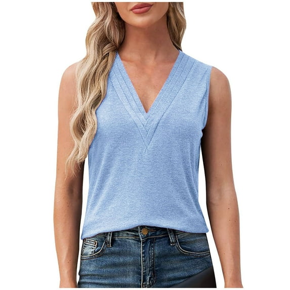 Besolor Women's V Neck Sleeveless Tank Tops Loose Lightweight Summer Tee Shirts Basic Solid Color Tunic Tops Fashion