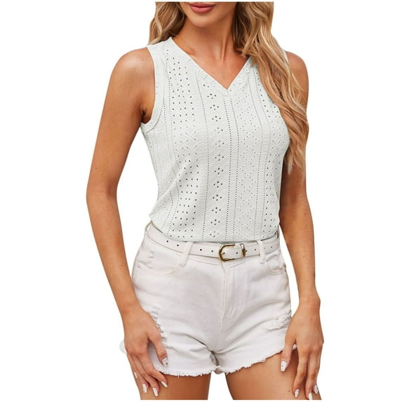 Besolor Women's V Neck Tank Tops Trendy Button Sleeveless Eyelet T-Shirt Casual Solid Color Summer Blouse Tees