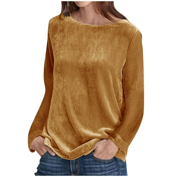 Besolor Women's Vintage Velvet Crewneck Long Sleeve Tunic Tops Blouse Velour Pullover Elegant Casual Solid Color Shirts Tees