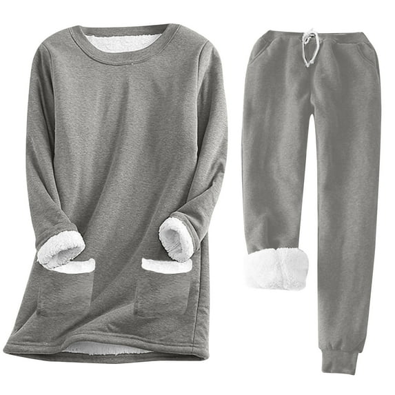 Besolor Women's Warm Winter Pajamas Cozy Fleece Lined Long Sleeve Crewneck Pullover Tops and Pants Lounge Sets Sleepwear