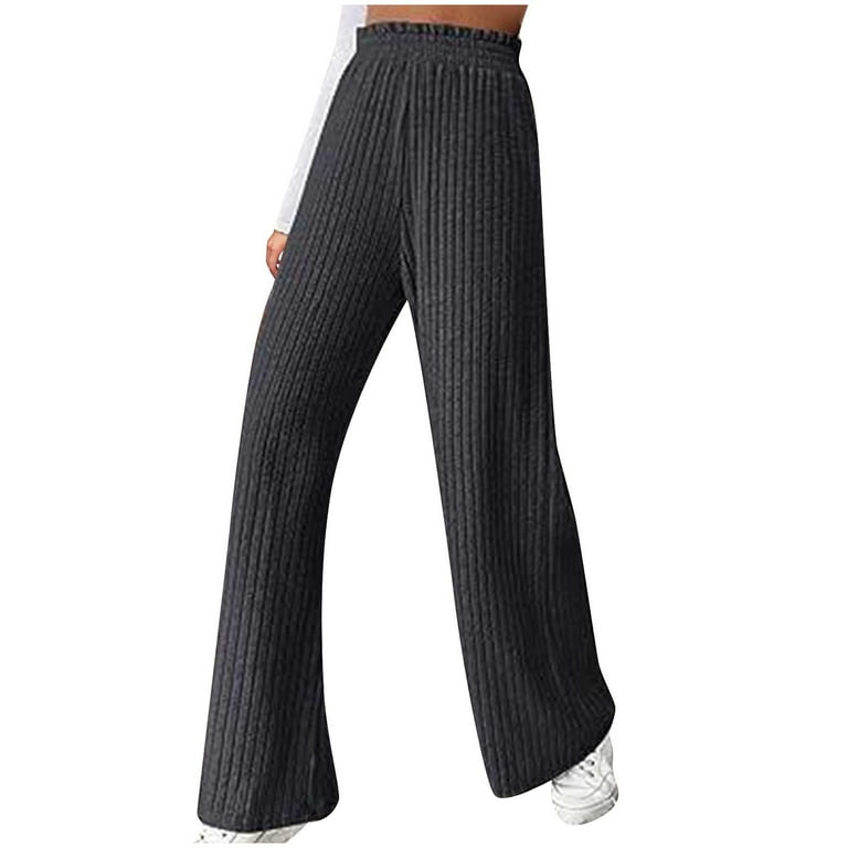 Besolor Women s Wide Leg Ribbed Knit Pants High Waist Elastic Palazzo Sweater Pants Solid Color Soft Lounge Trousers Dark Gray Walmart