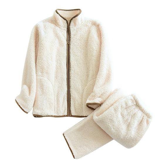 Besolor Women's Winter Fleece Pajama Sets Sleepwear Plush Cozy Thickened Zipper Tops and Pants 2 Piece Outfits Pjs White
