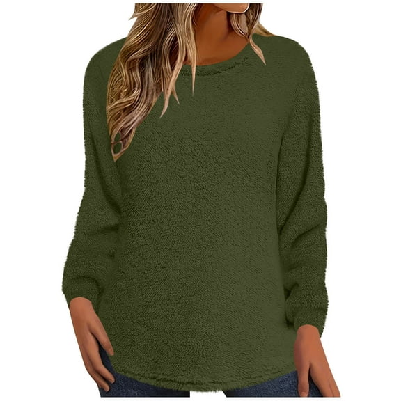 Besolor Women's Winter Fuzzy Tops Fleece Cozy Crewneck Long Sleeve Solid Color Warm Pullover Blouses