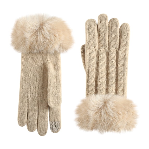 Besolor Women's Winter Warm Gloves Furry Cuff Thermal Cable Knit Thickened Full Fingers Glove for Cold Weather