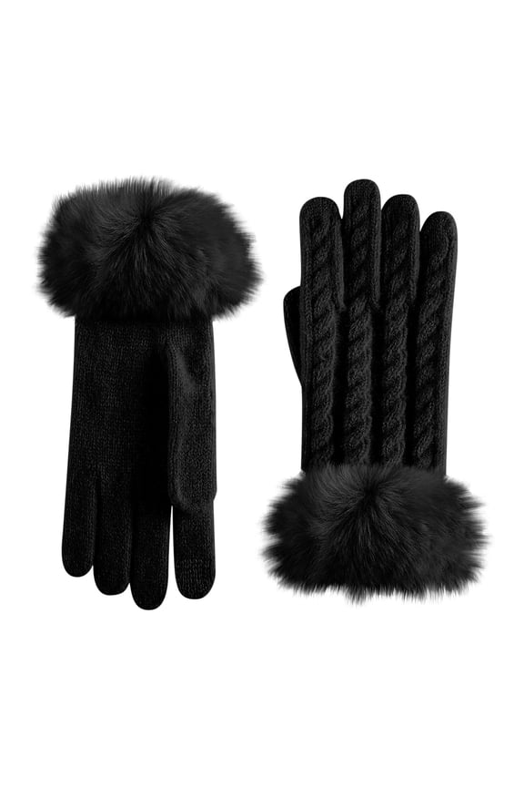 Women's Winter Warm Gloves Furry Cuff Thermal Cable Knit Thickened Full Fingers Glove for Cold Weather