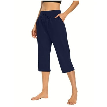 Besolor Women's Workout Capri Pants Elastic Waist Drawstring Casual Summer Cropped Pants with Pockets