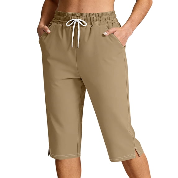 Besolor Women's Workout Capris Elastic High Waist Drawstring Straight Leg Pants Loose Casual Summer Running Cropped Trousers with Pockets
