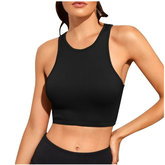 Besolor Women's Workout Crop Tank Tops Crewneck Racerback Sleeveless Shirts Slim Fitted Summer Athletic Gym Yoga Tees