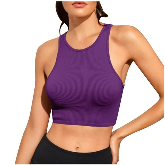 Besolor Women's Workout Crop Tank Tops Crewneck Racerback Sleeveless Shirts Slim Fitted Summer Athletic Gym Yoga Tees