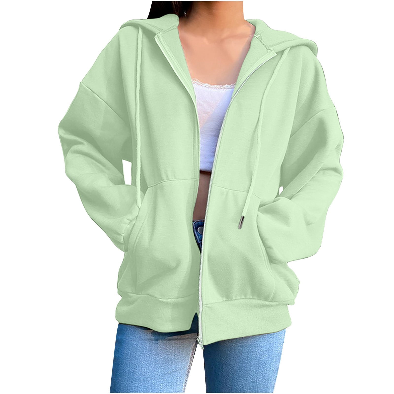 Zip Up Drawstring Hooded Jacket - Light Green / S