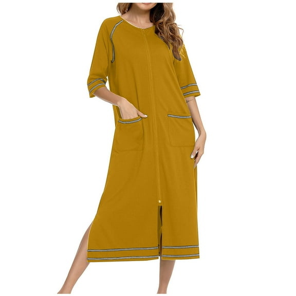 Besolor Women's Zipper Robe Nightgown Crewneck 3/4 Sleeve Bathrobes Housecoat with Pockets Sleepwear S-2XL