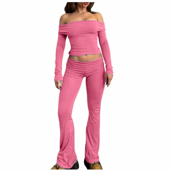 Besolor Womens 2 Piece Lounge Outfits off Shoulder Long Sleeve Crop Tops and Low Rise Fold over Flare Pants Sets Yoga Sweatsuit