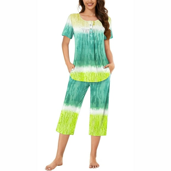 Besolor Womens 2 Piece Loungewear Sets Tie Dye Crewneck Short Sleeve Tops and Capris Pants Pajamas Sleepwear