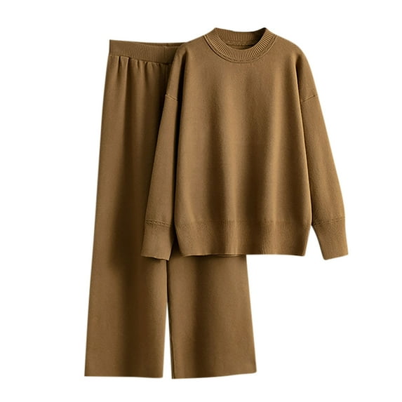 Besolor Womens 2 Piece Outfits Knit Sweater Set Crewneck Long Sleeve Tops and Wide Leg Pants Loungewear Matching Sets