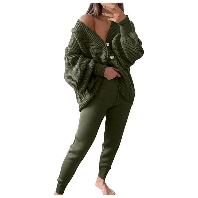 Besolor Womens 2 Piece Outfits Knit Sweater Sets Oversized Button down Cardigan and Slim Long Pants Matching Lounge Set Walmart