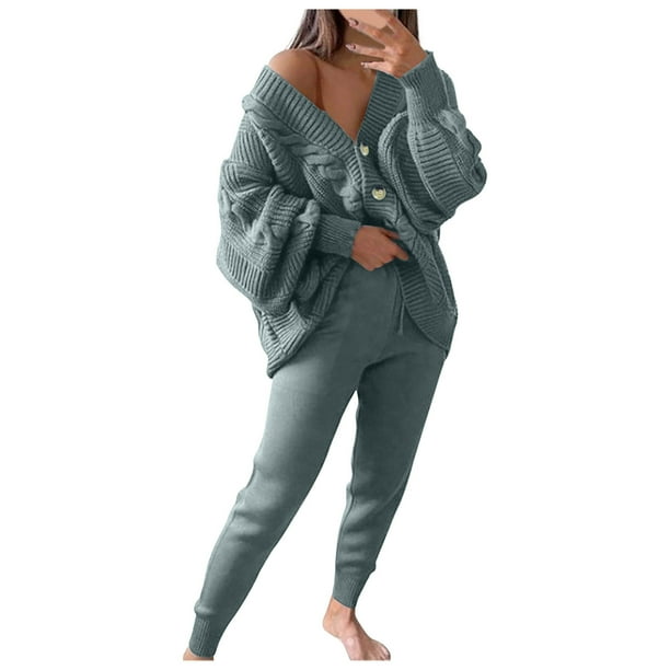 Besolor Womens 2 Piece Outfits Knit Sweater Sets Oversized Button down Cardigan and Slim Long Pants Matching Lounge Set
