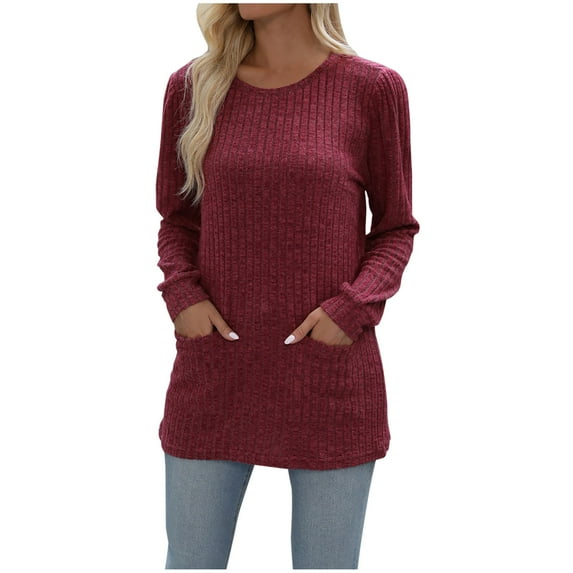 Besolor Womens 2024 Fall Sweaters Long Sleeve Tunic Tops Lightweight Casual Crewneck Pullover Blouse with Pockets