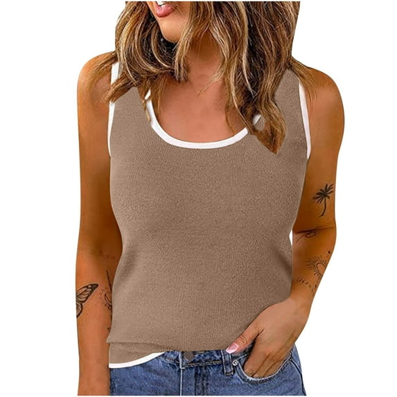 Besolor Womens 2024 Summer Sleeveless Tank Tops Scoop Neck Slim Fitted Color Block Casual Shirts Workout Tanks