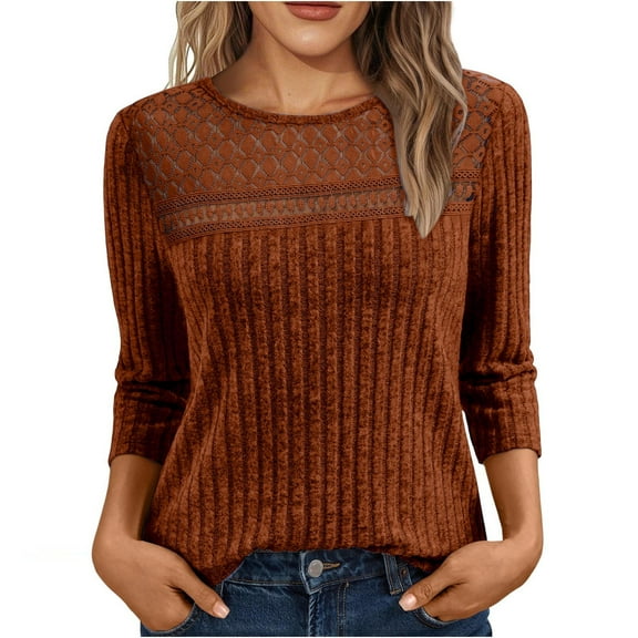 Besolor Womens 3/4 Length Sleeve Tops Lace Crewneck Lightweight Tunic Sweaters Casual Fall Fashion Clothes