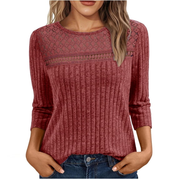 Besolor Womens 3/4 Length Sleeve Tops Lace Crewneck Lightweight Tunic Sweaters Casual Fall Fashion Clothes