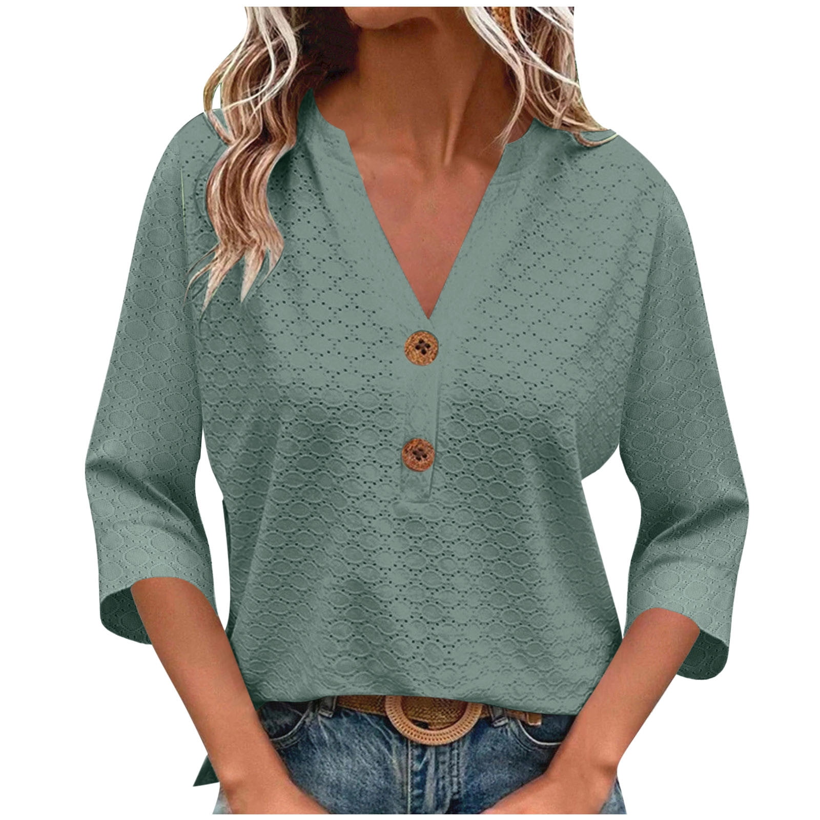 Besolor Womens 3/4 Length Sleeve Tops Trendy V Neck Button Eyelet ...