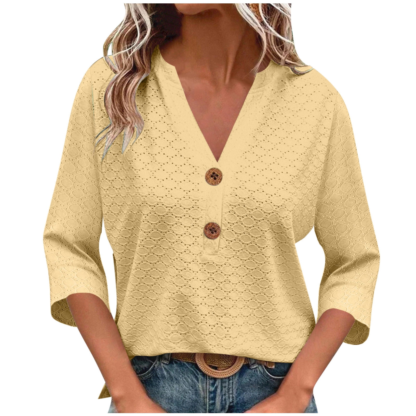 Besolor Womens 3/4 Length Sleeve Tops Trendy V Neck Button Eyelet ...