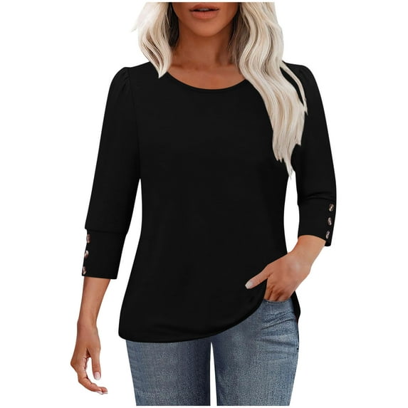 Besolor Womens 3/4 Length Sleeve Tops with Buttons Crew Neck Casual Tunics Summer Going out Dressy Blouses