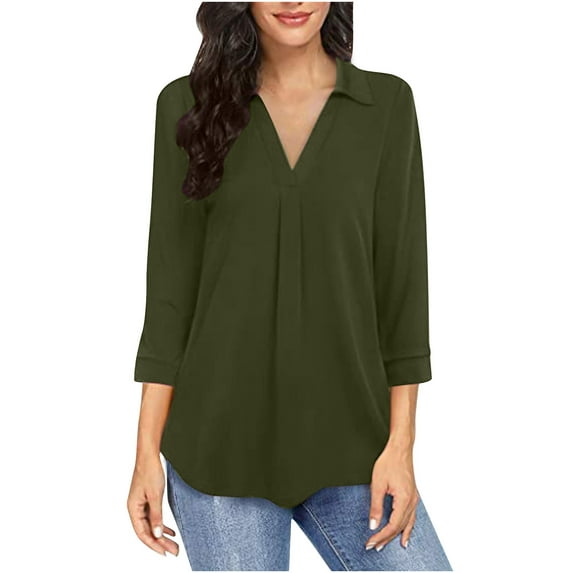 Besolor Womens 3/4 Sleeve Shirts Collared V Neck Business Tops Solid Color Casual Loose Work Blouses Tee