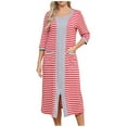thumbnail image 1 of Besolor Womens 3/4 Sleeve Zipper Robe Striped Crewneck Lightweight House Coat Soft Nightgown Pajamas with Pockets, 1 of 9