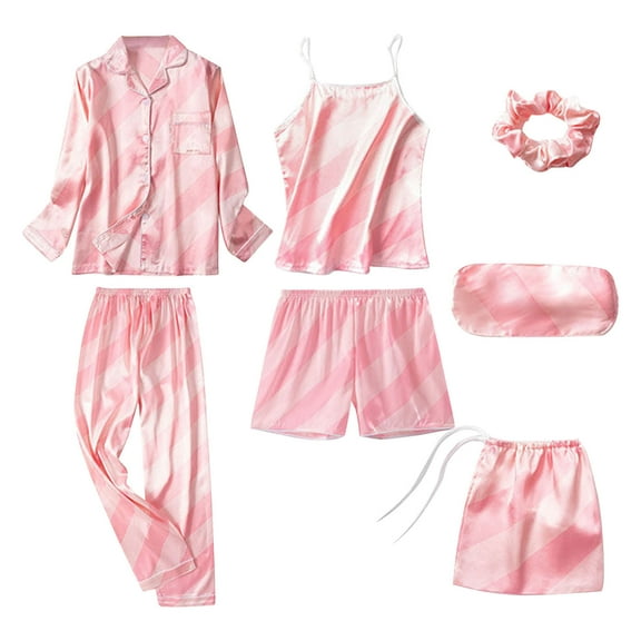 Besolor Womens 7PCS Silk Satin Pajamas Sets Long Sleeve Button down Shirt Camisole Shorts Pjs Set Sleepwear with Eye Mask
