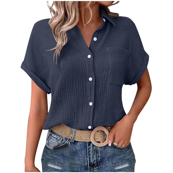 Besolor Womens Button down Dress Shirts Collared Short Sleeve Textured Tops Casual Summer Work Blouses with Pocket