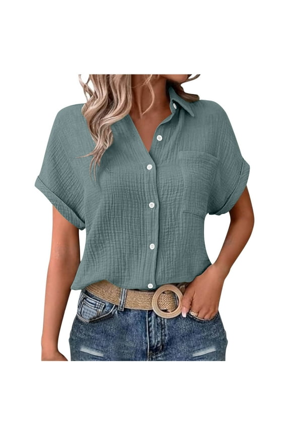Womens Button down Dress Shirts Collared Short Sleeve Textured Tops Casual Summer Work Blouses with Pocket