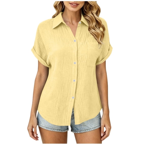 Besolor Womens Button down Dress Shirts Collared Short Sleeve Textured Tops Casual Summer Work Blouses with Pocket